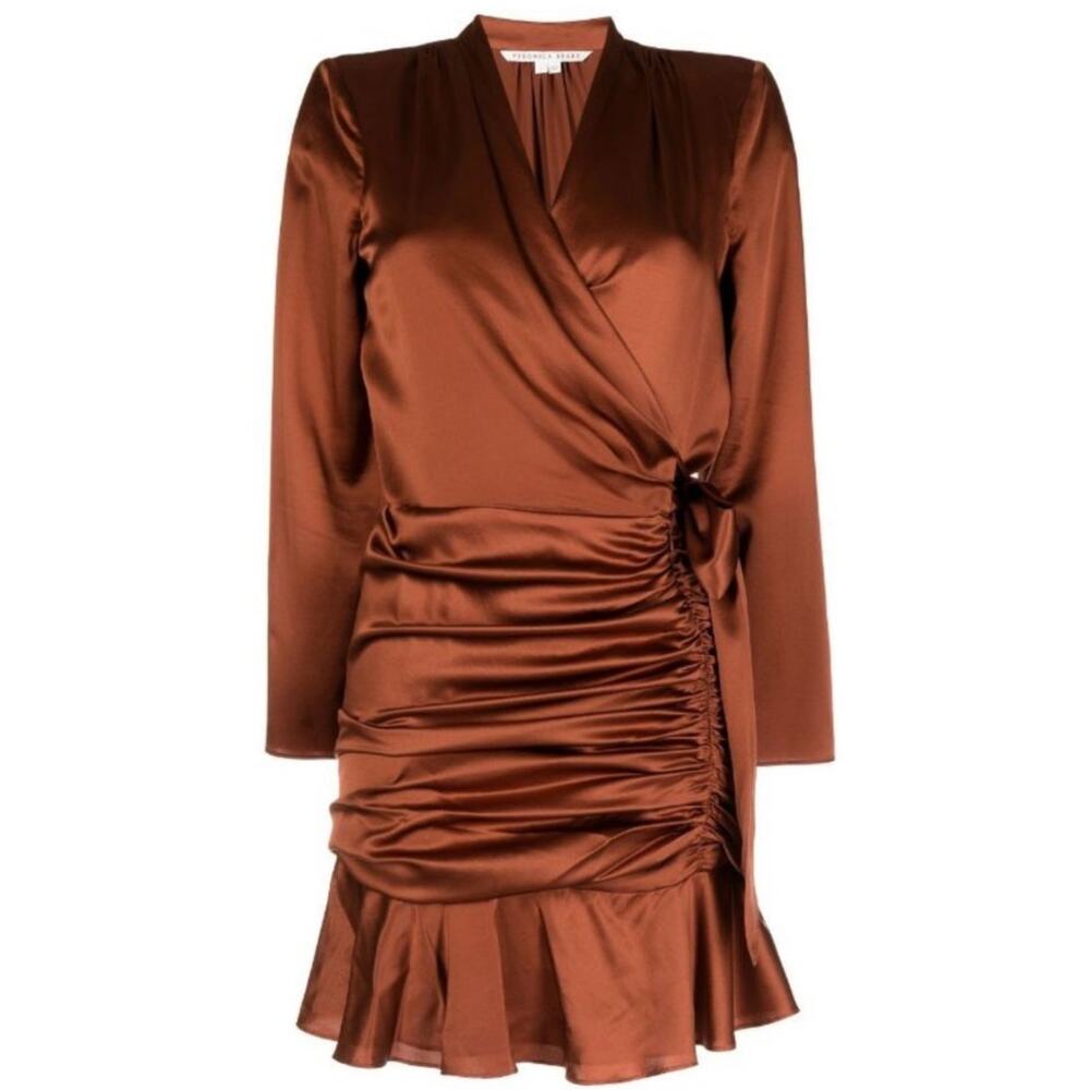 Veronica Beard Mini Dress Silk Brown Agatha Ruched Long Sleeve New
